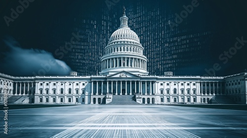 Historic Capitol building with futuristic digital overlay, isolated background.