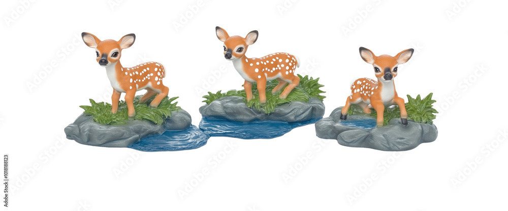 Three Adorable Baby Deer Figurines on Rocks by a Stream Three Adorable Baby Deer Figurines on Rocks by a Stream
