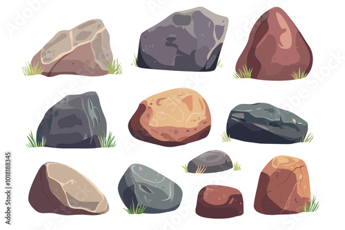 Vector illustration set of rocks gravel stones and boulders Drawings of Pebble piles. Heavy cobblestones and granite rubble