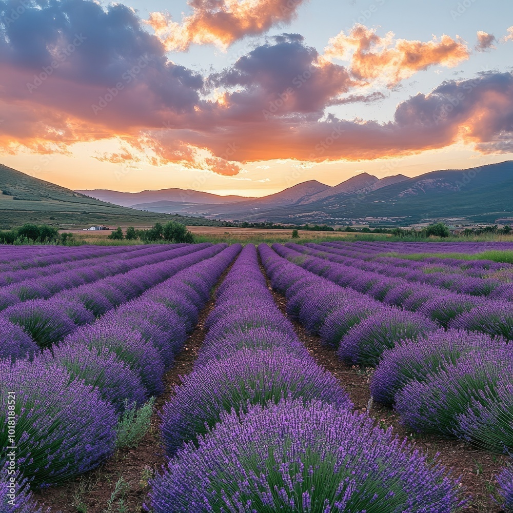 A sprawling field of blooming lavender, with rows of purple flowers extending toward a sunset-lit mountain range in the distance A sprawling field of blooming lavender, with rows of purple flowers extending toward a sunset-lit mountain range in the distance