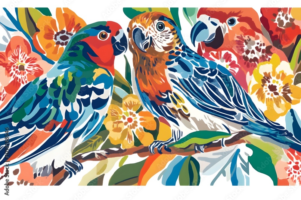 Fototapeta premium Colorful Parrots on a Branch with Tropical Flowers