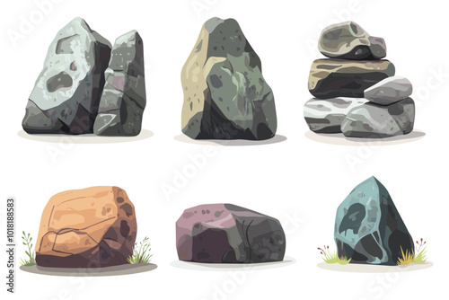 Vector illustration set of rocks gravel stones and boulders Drawings of Pebble piles. Heavy cobblestones and granite rubble