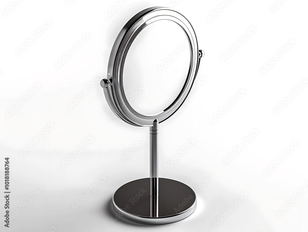 Chrome stand supporting a round makeup mirror, isolated on a white background.