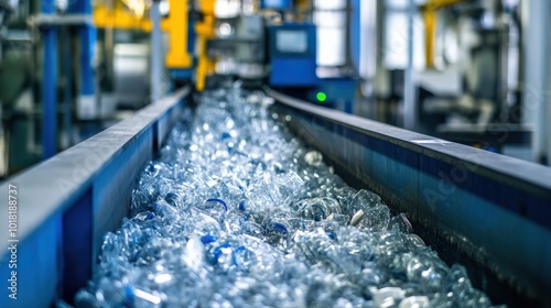 Plastic Recycling Process in a Reutilization Plant Showing a Conveyor Belt Filled with Crushed Plastic Bottles, Illustrating the Circular Economy Concept photo