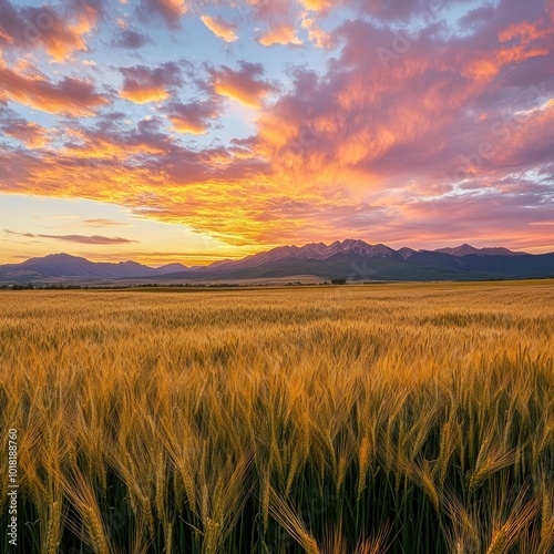 A sprawling field of golden barley under a vibrant sunset, with distant mountains and a soft glow spreading across the horizon