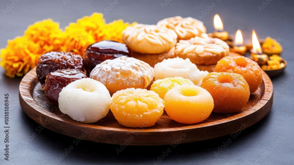Assortment of Delectable Baked Sweets and Confections on Wooden Platter Assortment of Delectable Baked Sweets and Confections on Wooden Platter