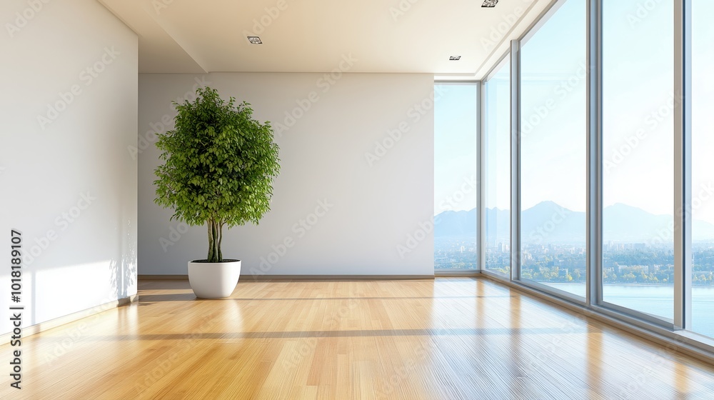 Fototapeta premium Bright and airy interior space with large windows, featuring a green indoor tree in a modern pot, showcasing natural light.