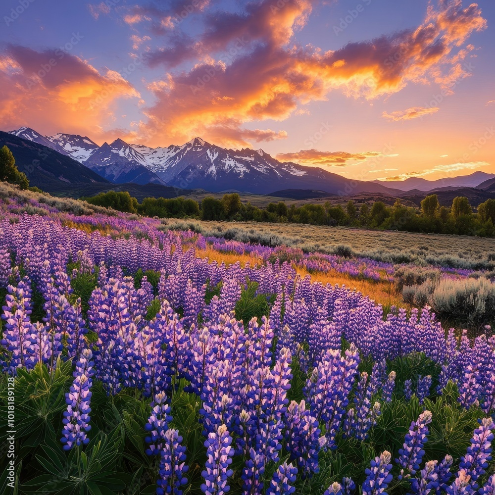 A sprawling field of purple lupines, with distant mountains and a dramatic sunset sky providing a stunning backdrop A sprawling field of purple lupines, with distant mountains and a dramatic sunset sky providing a stunning backdrop