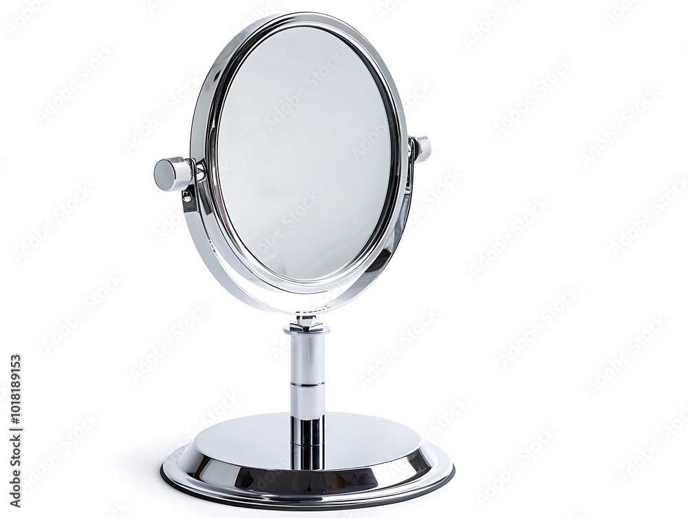 Chrome stand supporting a round makeup mirror, isolated on a white background. Chrome stand supporting a round makeup mirror, isolated on a white background.