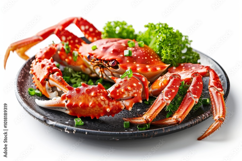 Sichuan style red king crab isolated on a white background with a clipping path for a high-definition presentation. Sichuan style red king crab isolated on a white background with a clipping path for a high-definition presentation.