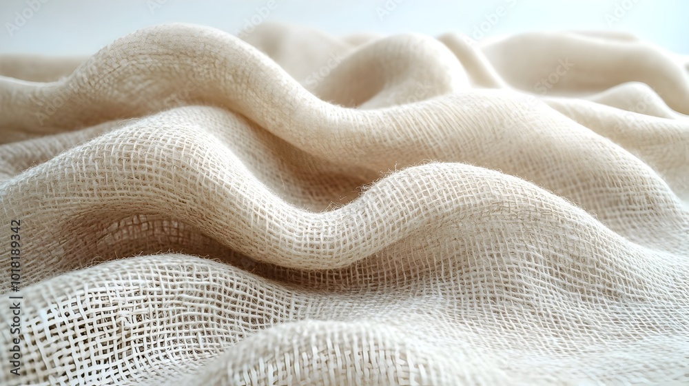 Textural swatch of soft,delicate beige fabric with a plush,cozy feel. The layered,undulating surface creates an inviting and tactile background for homey,minimalist design.