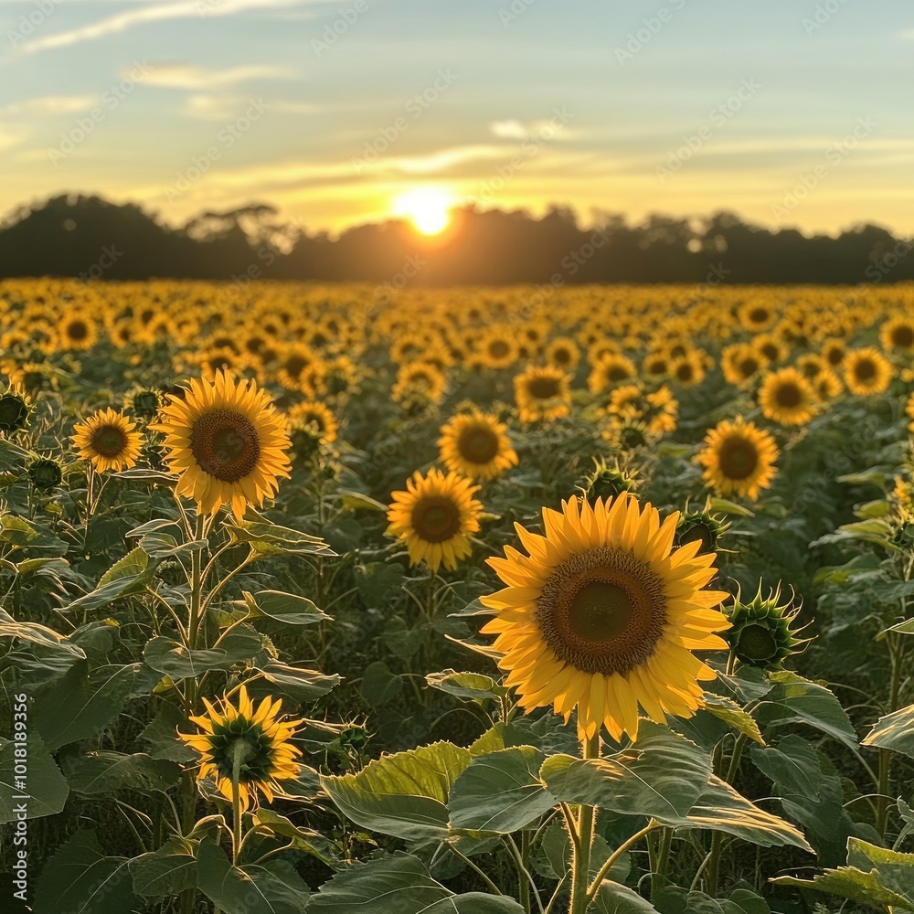 Fototapeta premium A sprawling field of sunflowers with tall yellow blooms, facing the sun as it sets in the distance