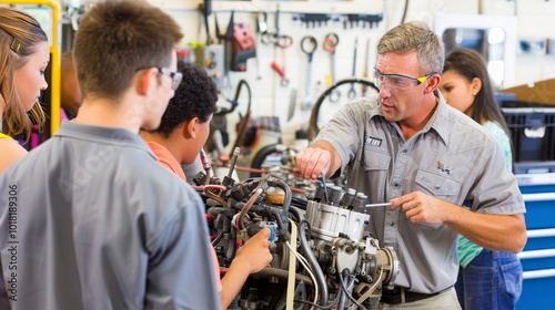 Engineer Teaching Student in Mechanical Workshop: Professional Vehicle Repair and Maintenance Job Training