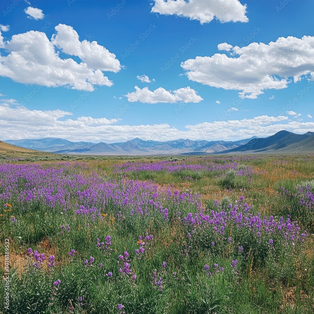 A sprawling meadow filled with purple wildflowers, framed by distant mountains and a bright blue sky overhead A sprawling meadow filled with purple wildflowers, framed by distant mountains and a bright blue sky overhead