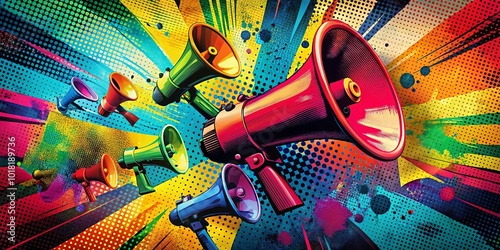 A kaleidoscope of vibrant hues and dynamic patterns explodes from a cluster of megaphones, their loudspeakers poised to amplify the message in this captivating burst of visual energy.