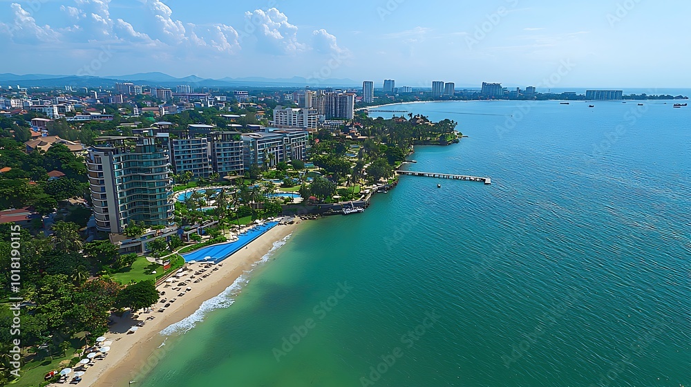 Fototapeta premium Luxury Beachfront Resort in Coastal City Aerial View