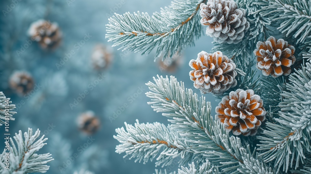 Frosty pine branches with snow-covered pinecones in a serene winter landscape creating a peaceful seasonal scene Frosty pine branches with snow-covered pinecones in a serene winter landscape creating a peaceful seasonal scene