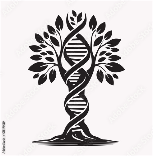 tree trunk with leaves on top in the shape of a DNA spiral, black silhouette vector illustration