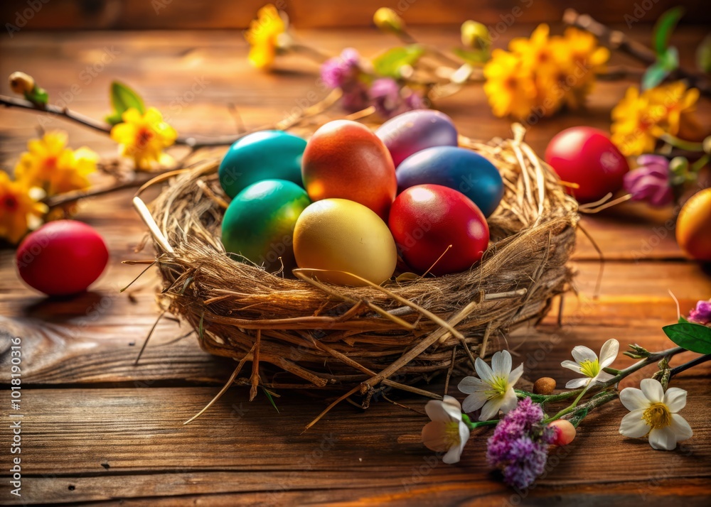 Rustic Easter Eggs Nest on Wooden Table - Candid Spring Decor Rustic Easter Eggs Nest on Wooden Table - Candid Spring Decor