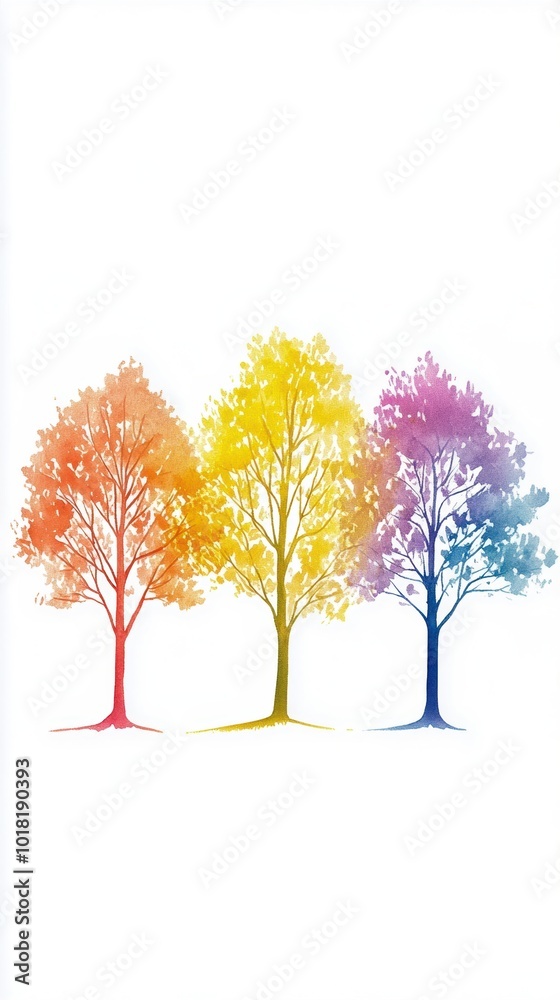 Naklejka premium Colorful trees in vibrant shades, showcasing nature's beauty against a white background.