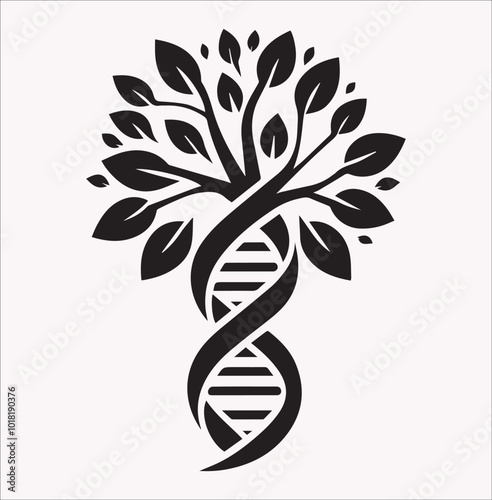 tree trunk with leaves on top in the shape of a DNA spiral, black silhouette vector illustration