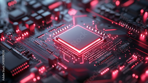 CPU on PCB motherboard with data transfers, futuristic central processor unit. 