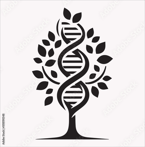 tree trunk with leaves on top in the shape of a DNA spiral, black silhouette vector illustration