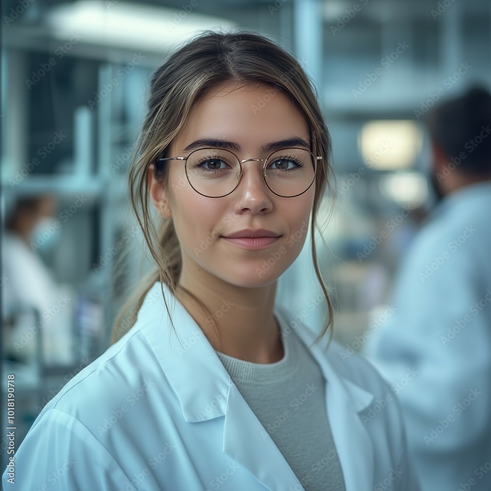 Fototapeta premium Portrait of a young female scientist in a laboratory setting wearing glasses and a white lab coat