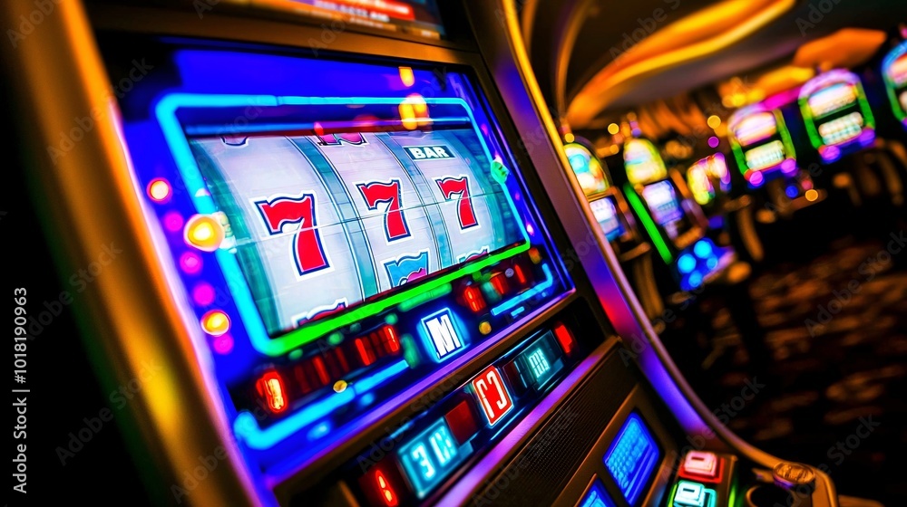 Vibrant Illuminated Slot Machine with Flashing Lights Vibrant Illuminated Slot Machine with Flashing Lights