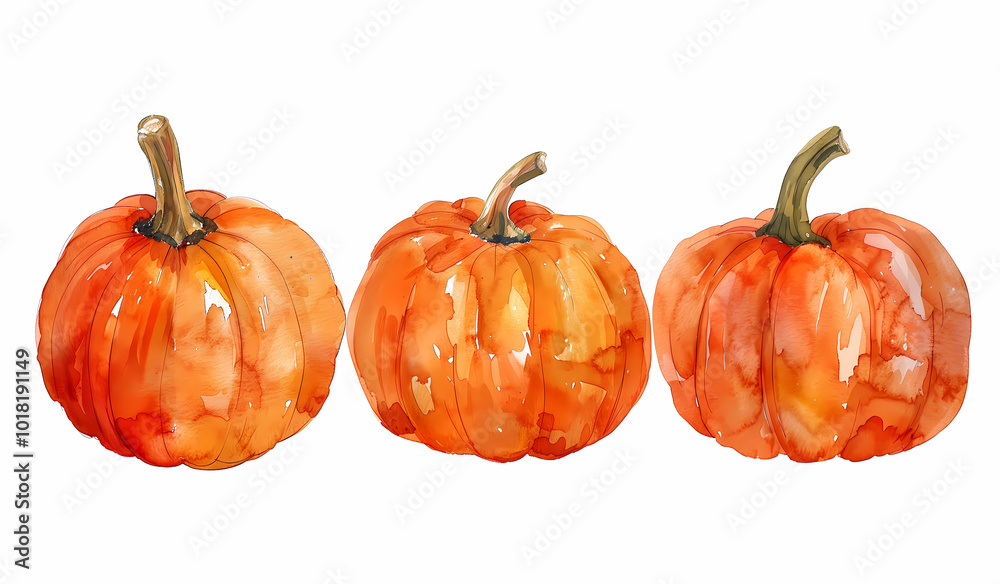 Fototapeta premium Watercolor illustrations of three ripe pumpkins on white background. Background for Thanksgiving Day or harvest festival. Set of three fall plants. 