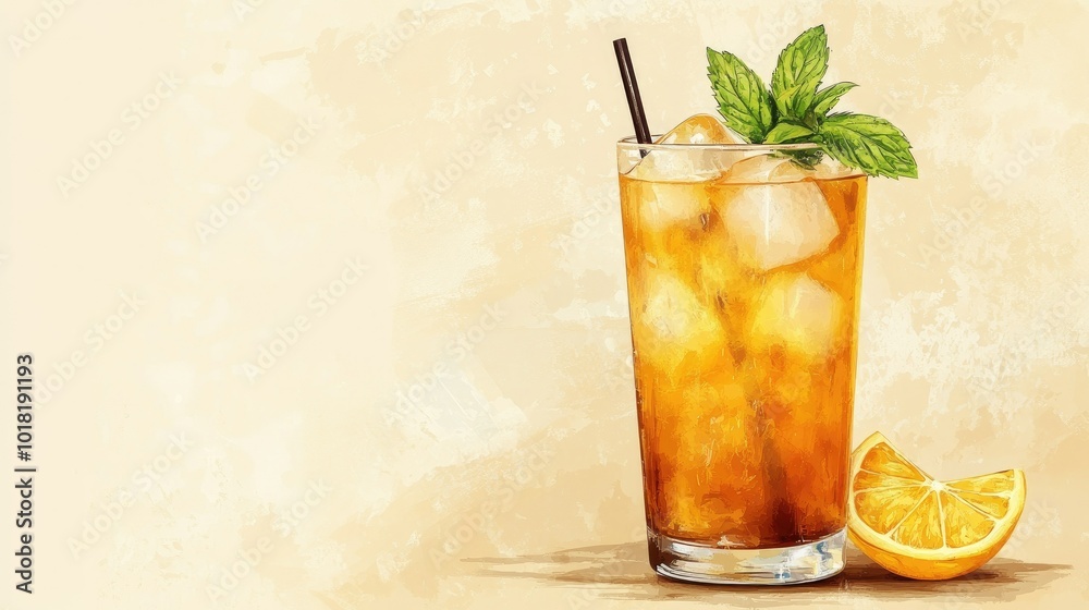 A stylish Long Island iced tea cocktail with ice, lemon, and mint, beautifully set against a beige background. A stylish Long Island iced tea cocktail with ice, lemon, and mint, beautifully set against a beige background.