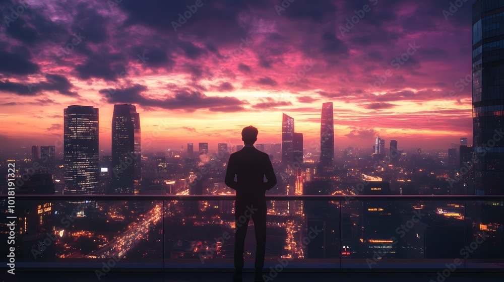 A businessman stands on a balcony, overlooking the city skyline at night A businessman stands on a balcony, overlooking the city skyline at night
