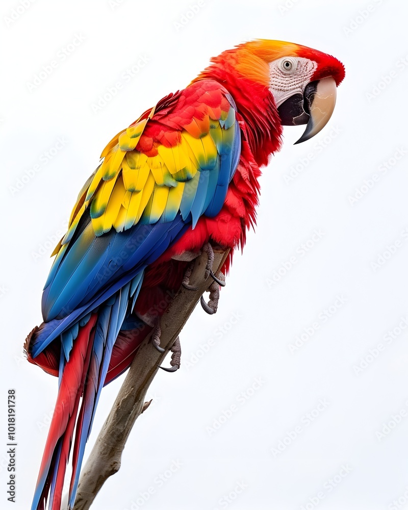 Obraz premium Vibrant Tropical Parrot with Colorful Feathers Perched on Invisible Branch Against White Background
