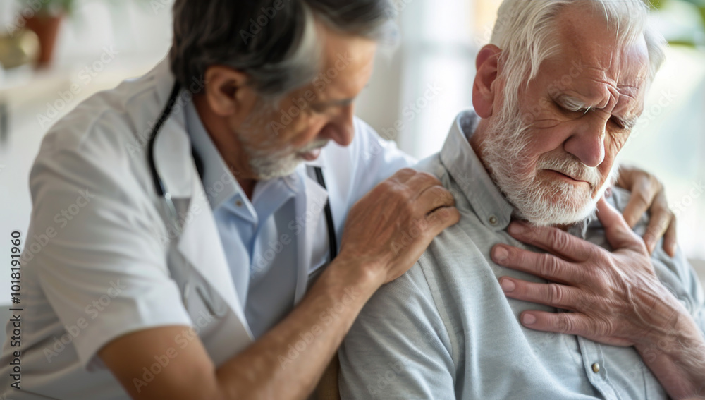Doctor is examining an elderly man with shoulder pain in the medical room, holding his chest with pain in the medical room, holding his body. Portrait of senior man sharing health issues struggles Doctor is examining an elderly man with shoulder pain in the medical room, holding his chest with pain in the medical room, holding his body. Portrait of senior man sharing health issues struggles