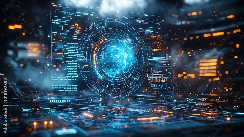 Fototapeta premium Futuristic Interface with Blue and Orange Glowing Lights Technology Abstract Background