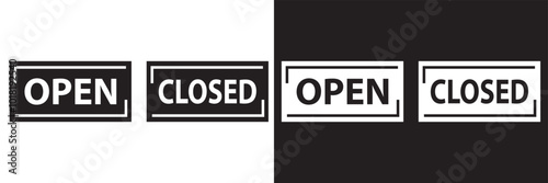 open and closed signs hanging icon door welcome sign for store cafes label outline symbol Vector illustration isolated on white and black background. EPS 10