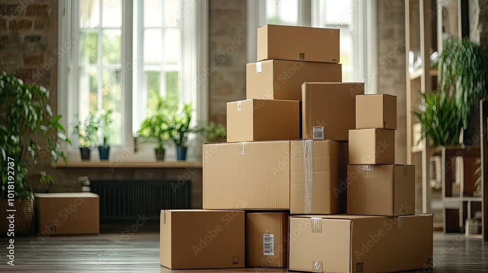 A tall stack of cardboard boxes ready for recycling, neatly arranged and stacked high, emphasizing eco-friendly waste management A tall stack of cardboard boxes ready for recycling, neatly arranged and stacked high, emphasizing eco-friendly waste management
