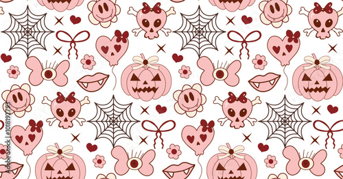 Coquette halloween seamless vector pattern, texture for wallpaper, wrapping paper, textile. Vector illustration
