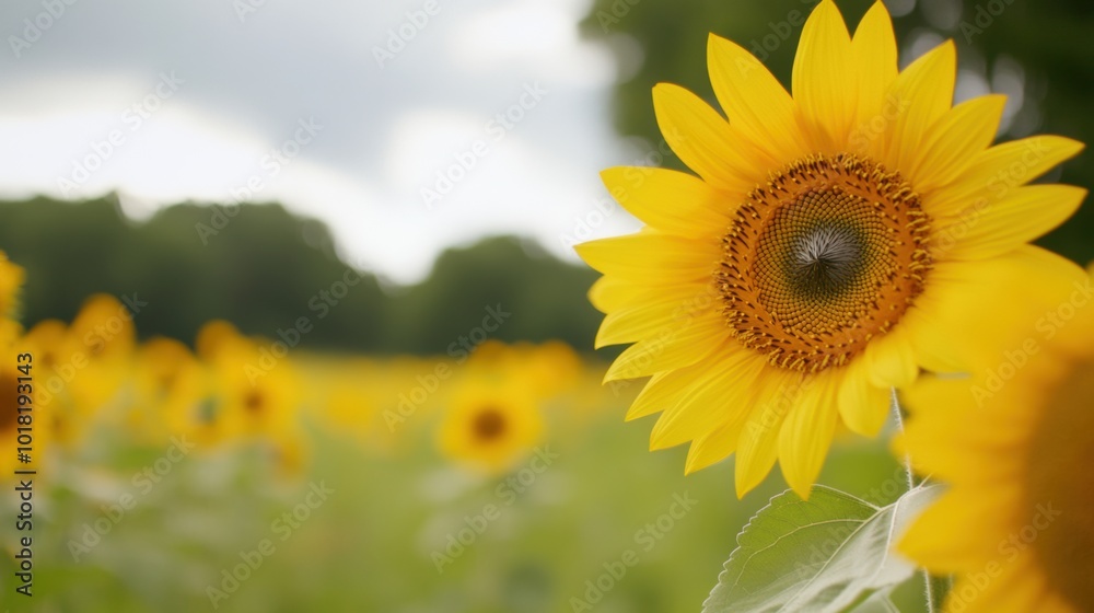 Fototapeta premium Sunlit Sunflower Field Under a Cloudy Sky, AI