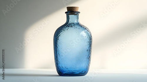 Vintage blue glass bottle with cork cap in soft,natural light. Elegant,retro tabletop decor or still life with reflections and shadows. Minimal,simple design for luxury.