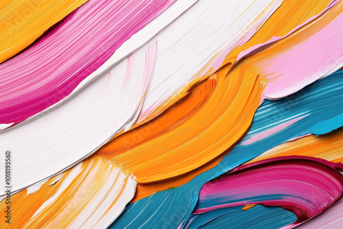 Abstract close-up of thick, colorful brushstrokes in pink, white, orange, and blue hues, creating a vibrant and textured pattern.