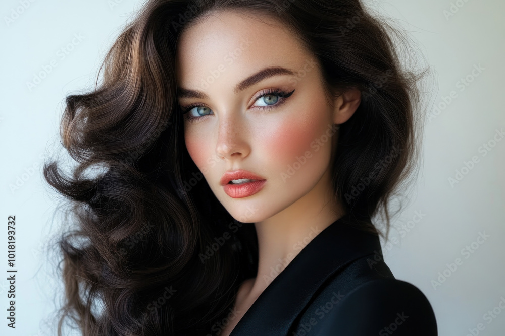 Fototapeta premium Woman with long brown hair and blue eyes admiring sunset on a sandy beach, waves gently lapping at her feet, seagulls soaring in the sky.