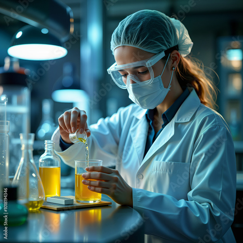 A female scientist in a lab coat carefully pours a yellow liquid into a beaker, showcasing precision in her research. For scientific publications, laboratory promotions, or educational materials