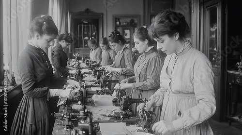 Vintage Black and White Photo of Women Working at Sewing Machines in a Factory photo