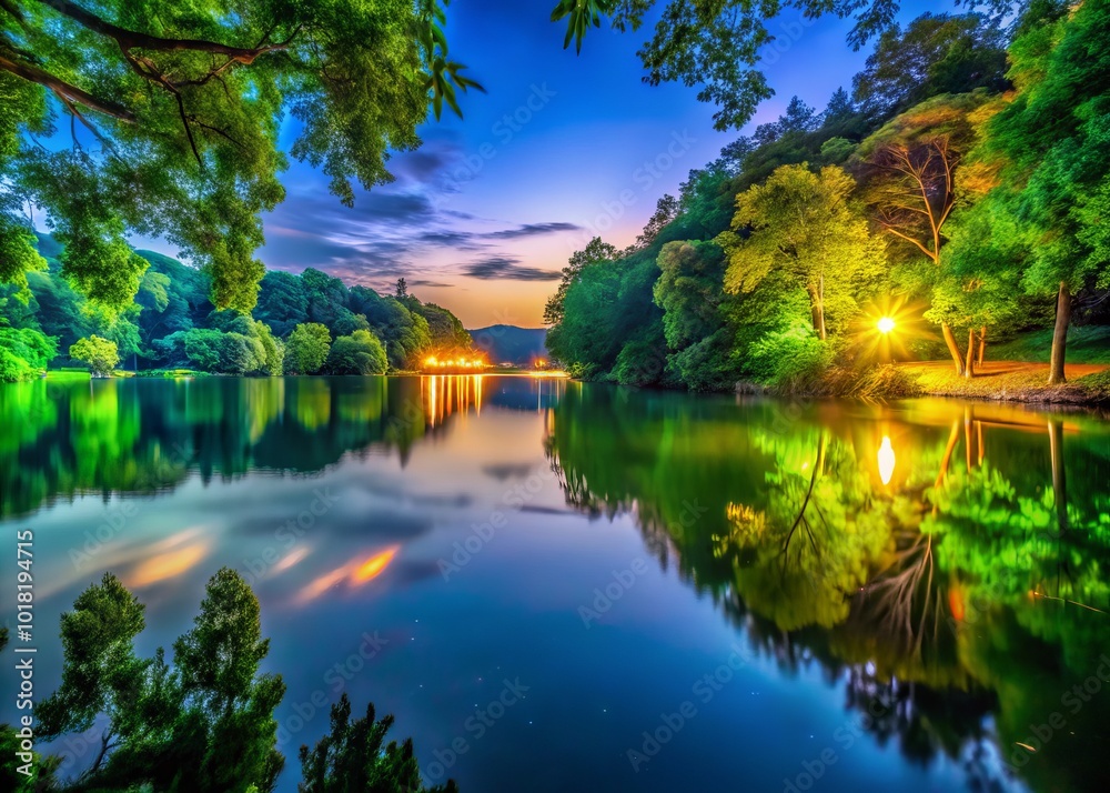 Fototapeta premium Serene Urban Lake Landscape with Green Trees and Calm Water Surface for Exploration Photography