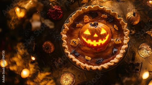 A top-down look at a Halloween pie with a creepy pumpkin face, surrounded by festive decorations and eerie lighting