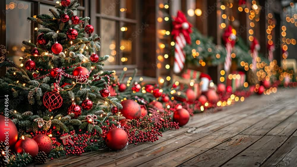 A decorated Christmas tree sits on a wooden porch with string lights and red ornaments