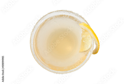 Overhead shot of sugar-rimmed cocktail glass with lemon garnish on white background