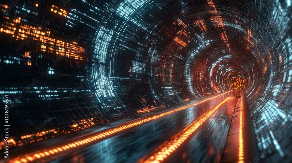 Obraz premium Futuristic Tunnel with Orange and Blue Neon Lights