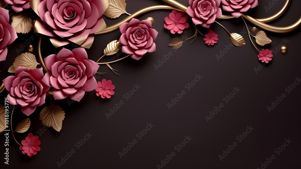 Floral decoration with pink roses and golden leaves on dark background, elegant design, copy space
